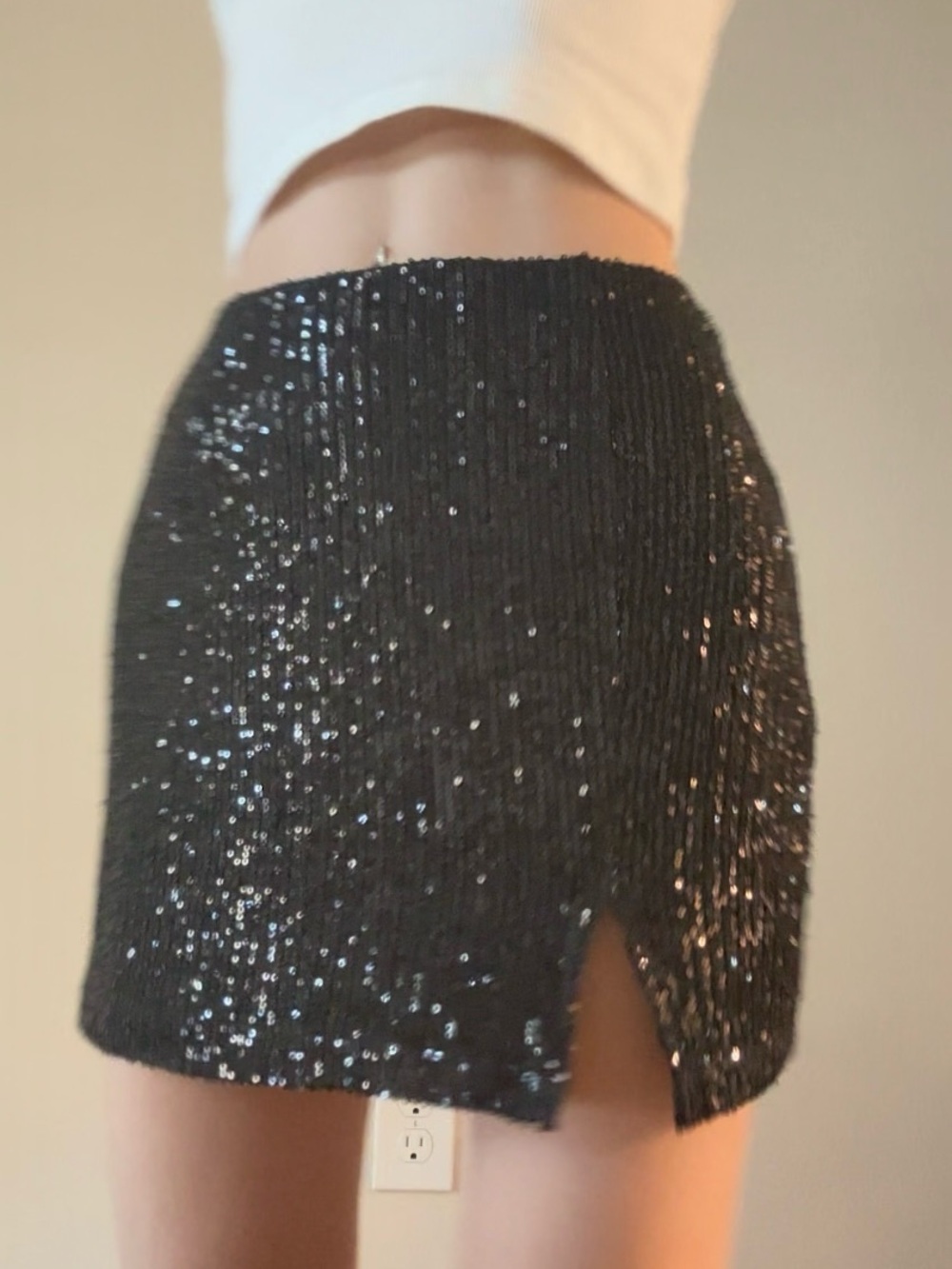 Black Sequin Mini Skirt with Front Slit